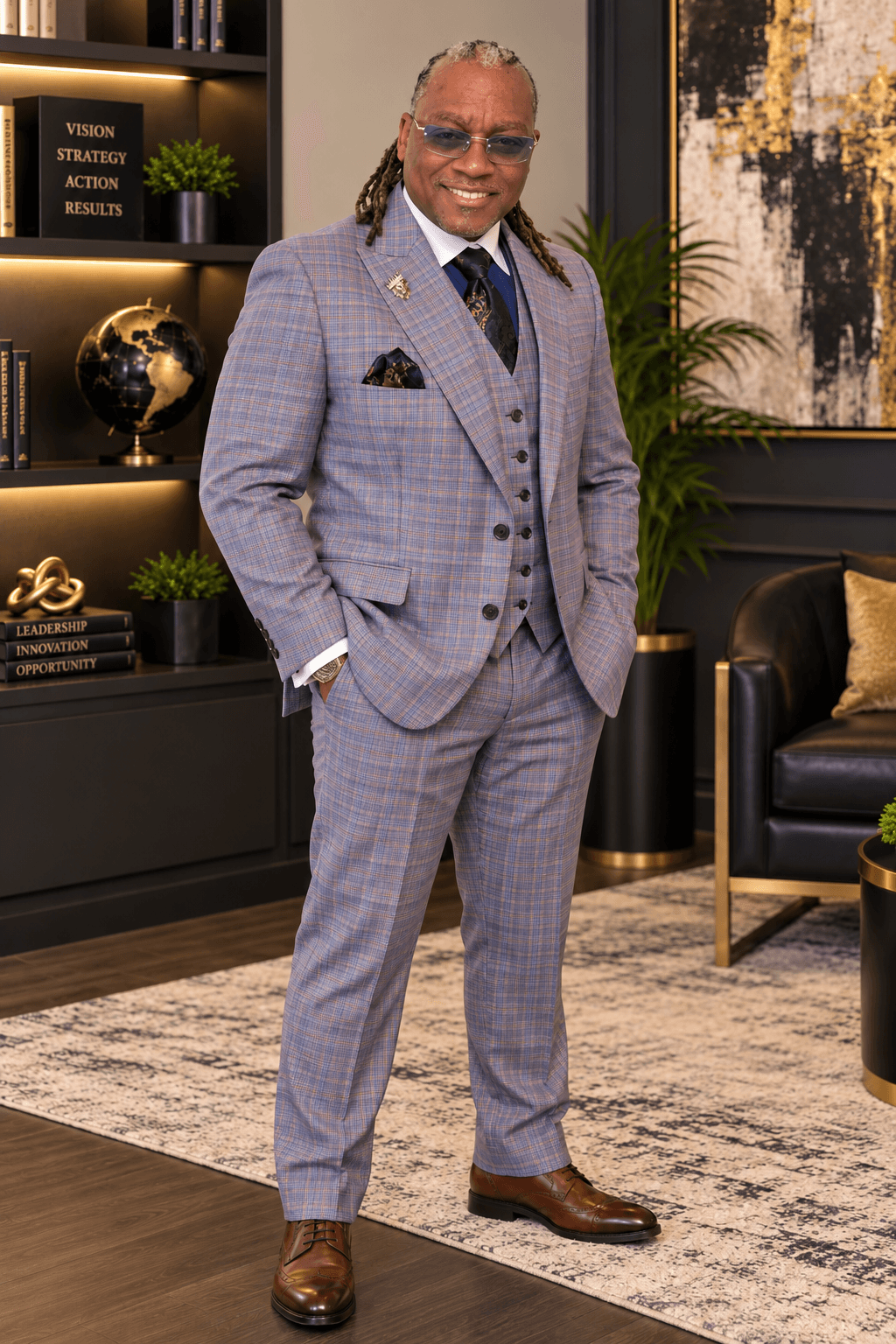 Jay Hunter Lee standing in a professional setting wearing a plaid suit